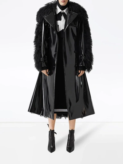 Shop Burberry Shearling Trim Vinyl Trench Coat In Black