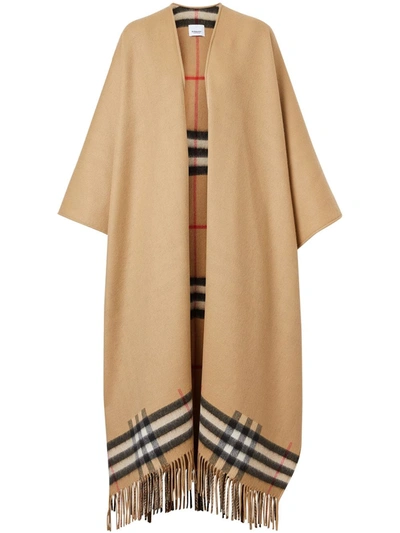 Shop Burberry Fringed Check Cape In Neutrals