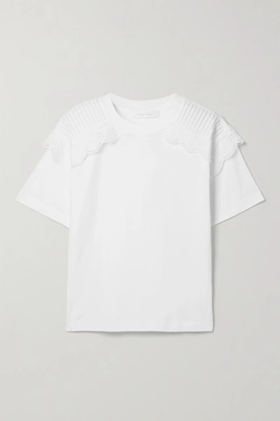 Shop See By Chloé Scalloped Broderie Anglaise-trimmed Cotton-jersey T-shirt In White