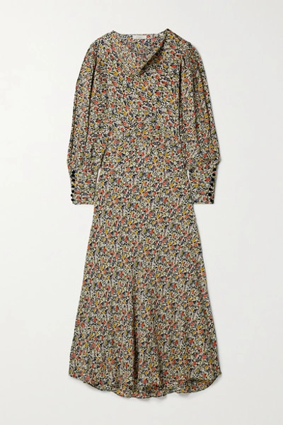 Shop Doen Nanette Belted Floral-print Crepe Maxi Dress In Brown