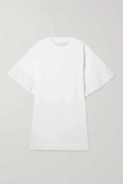 Shop See By Chloé Scalloped Broderie Anglaise-trimmed Cotton-jersey Mini Dress In White