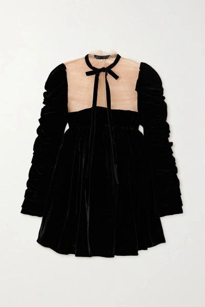 Shop Khaite Ann Tie-detailed Ruched Velvet And Tulle Mini Dress In Black
