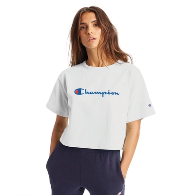 Shop Champion Womens  Heritage Script Cropped T-shirt In White/blue