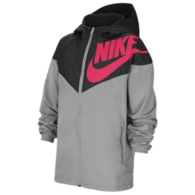 Shop Nike Boys  Nsw Windrunner Jacket In Black/light Smoke Grey/bright Crimson