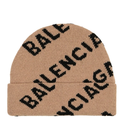 Shop Balenciaga Logo Wool Beanie In Beige