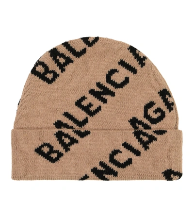 Shop Balenciaga Logo Wool Beanie In Beige