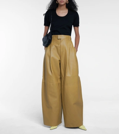 Shop Bottega Veneta High-rise Wide-leg Leather Pants In Green