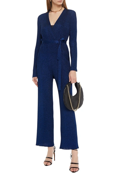 Shop Missoni Wrap-effect Metallic Ribbed-knit Jumpsuit In Bright Blue