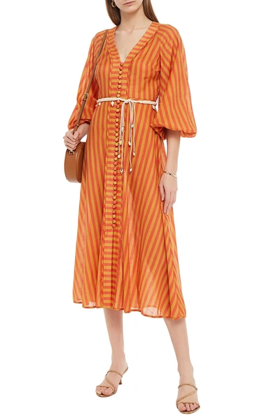 Shop Zimmermann Edie Belted Striped Cotton-voile Midi Dress In Orange
