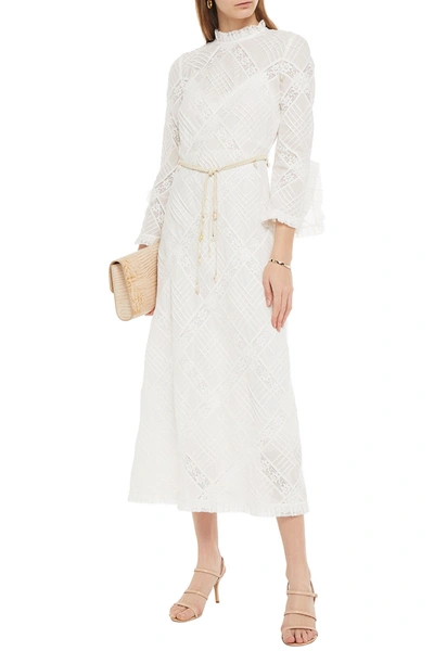 Shop Zimmermann Freja Belted Lace-trimmed Cotton-voile Midi Dress In White