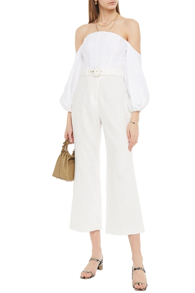 Shop Zimmermann Belted Embroidered Linen Kick-flare Pants In White