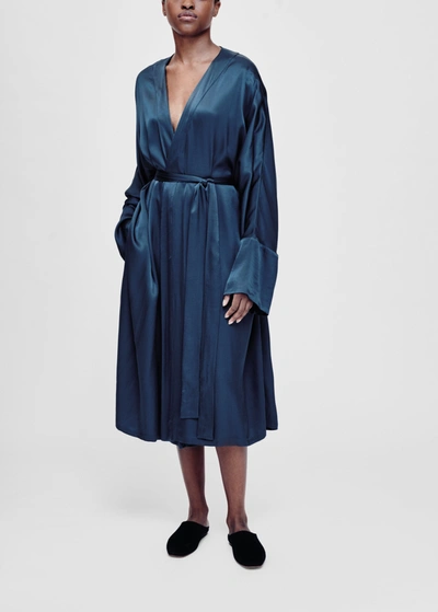 Shop Asceno Athens Petrol Blue Sustainable Bamboo Satin Robe In Printed