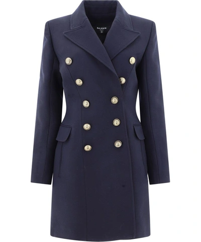 Shop Balmain Women's Blue Wool Coat