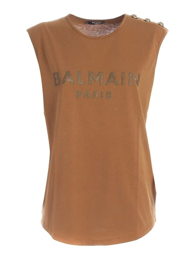 Shop Balmain Women's Brown Cotton Tank Top