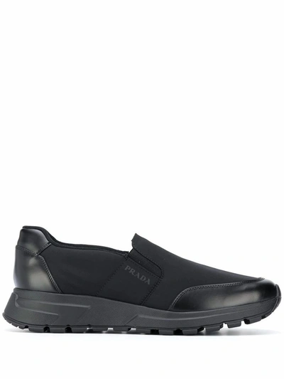 Shop Prada Men's Black Leather Slip On Sneakers