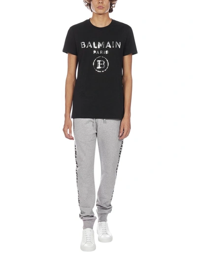 Shop Balmain Logo Drawstring Waist Trackpants In Grey