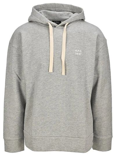 Shop Apc A.p.c. Logo Print Drawstring Hoodie In Grey