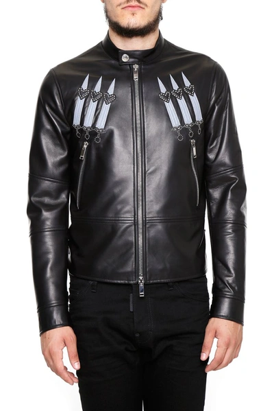 Shop Valentino Loveblade Biker Leather Jacket In Black