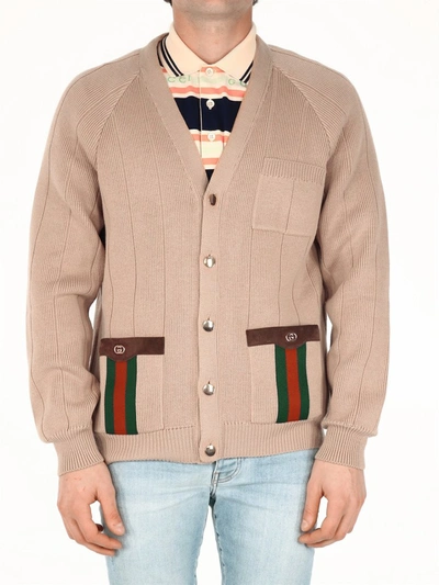 Shop Gucci Web Detailed Knitted Cardigan In Beige