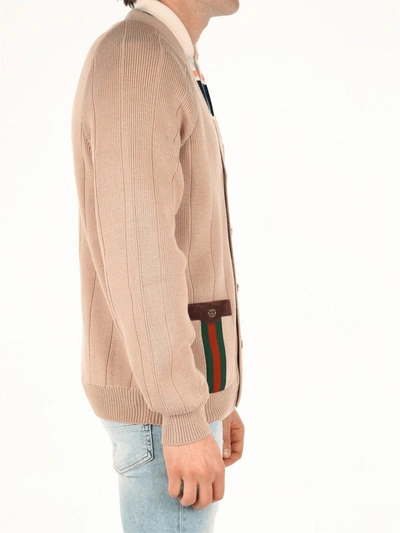 Shop Gucci Web Detailed Knitted Cardigan In Beige