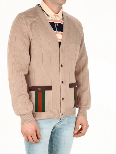 Shop Gucci Web Detailed Knitted Cardigan In Beige