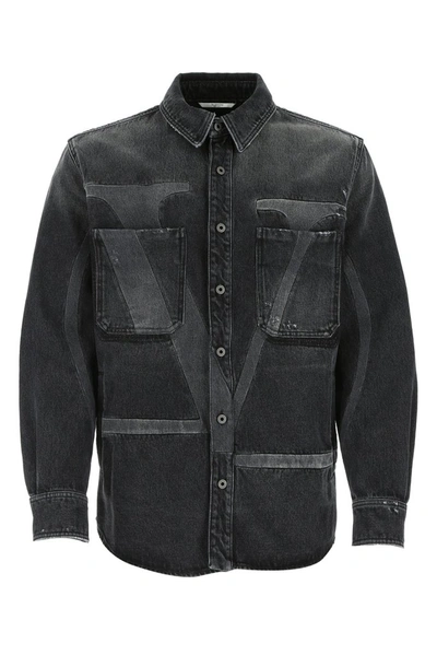 Shop Valentino Vlogo Denim Shirt In Black