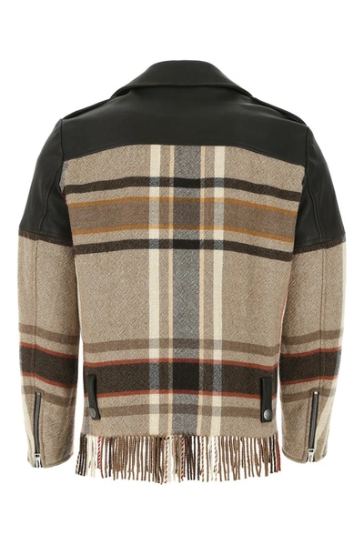 Shop Etro Contrast Fringed Check Panel Biker Jacket In Multi