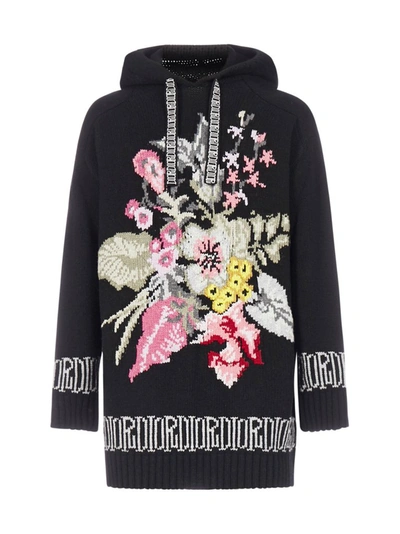 Shop Dior Homme X Shawn Stussy Floral Knit Hooded Sweatshirt In Black