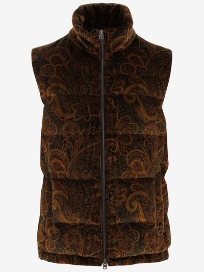 Shop Etro Paisley Patterned Velvet Ribbed Waistcoat In Brown