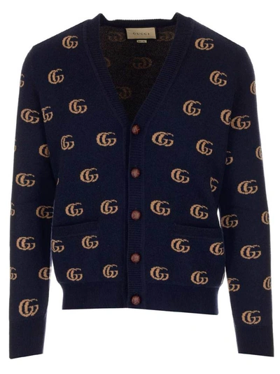 Shop Gucci Double G Jacquard Cardigan In Blue