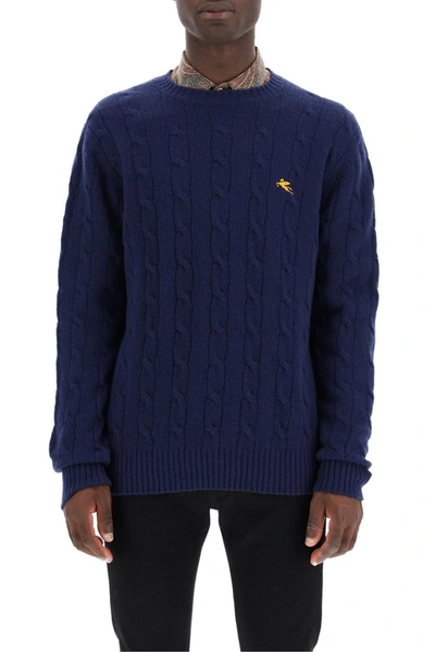 Shop Etro Logo Embroidered Cable Knit Sweater In Blue