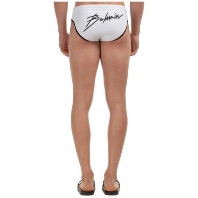 Shop Balmain Contrast Trim Logo Printed Swimming Briefs In White