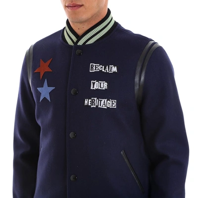 Shop Valentino Appliqué Slogan Bomber Jacket In Blue