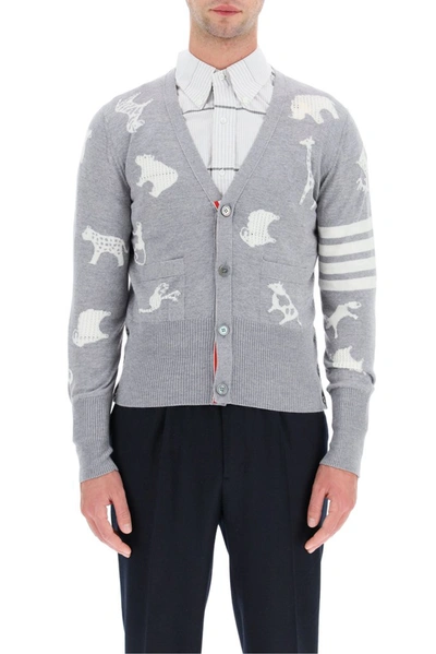 Shop Thom Browne Animal Jacquard Cardigan In Grey