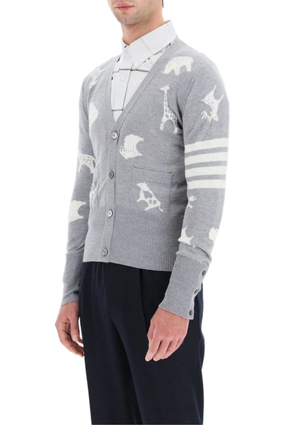 Shop Thom Browne Animal Jacquard Cardigan In Grey