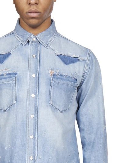 Shop Saint Laurent Distressed Denim Shirt In Blue