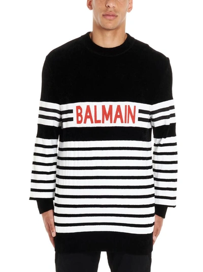 Shop Balmain Logo Striped Jumper In Multi