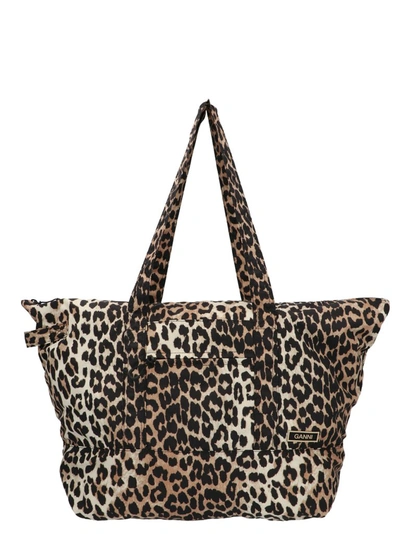 Shop Ganni Leopard Print Shopping Bag In Multi