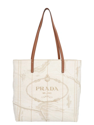 Shop Prada Screen Printed Tote Bag In Beige