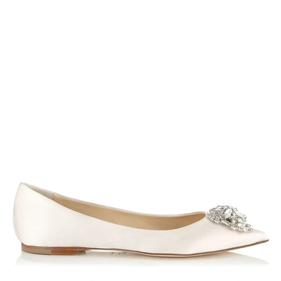 Shop Jimmy Choo Alina Ivory Satin Pointy Toe Flats With Crystal Detail