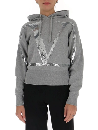 Shop Valentino Vlogo Sequinned Cropped Hoodie In Grey