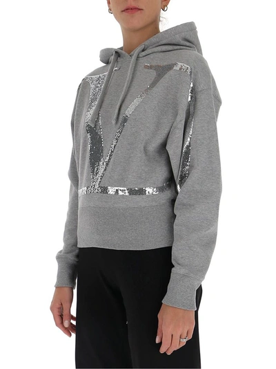 Shop Valentino Vlogo Sequinned Cropped Hoodie In Grey