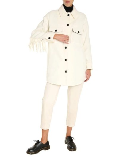 Shop Woolrich Fringe Detail Buttoned Coat In White