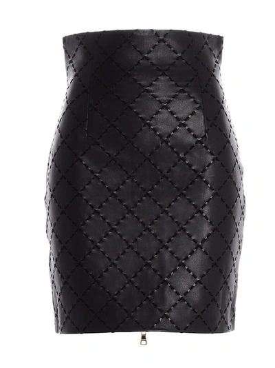 Shop Balmain Stitch Detail Leather Mini Skirt In Black