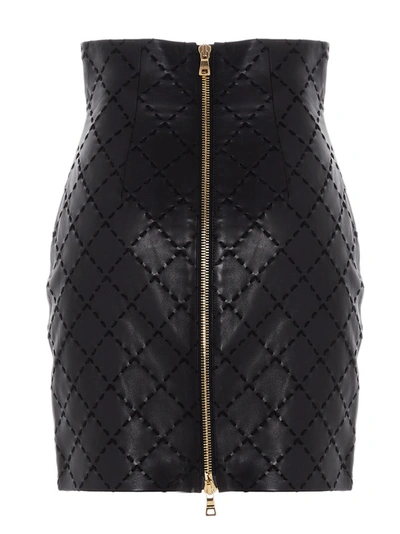 Shop Balmain Stitch Detail Leather Mini Skirt In Black