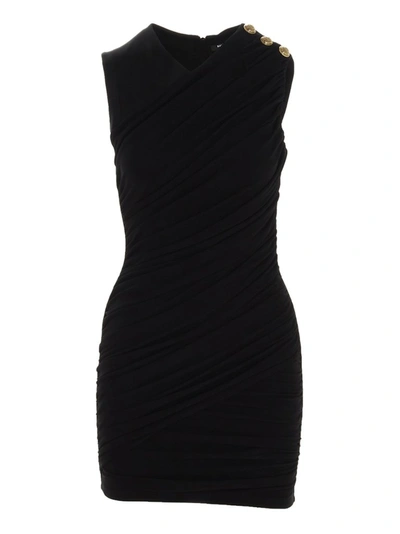 Shop Balmain Button Detail Draped Mini Dress In Black