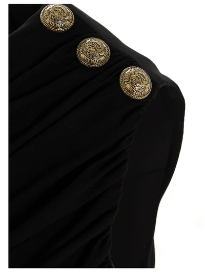 Shop Balmain Button Detail Draped Mini Dress In Black