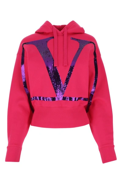 Shop Valentino Vlogo Sequinned Cropped Hoodie In Pink