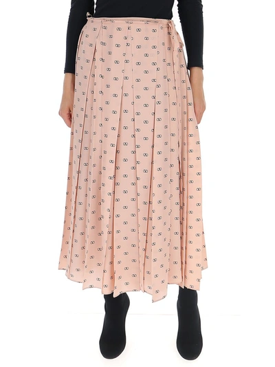 Shop Valentino Vlogo Print Pleated Skirt In Pink