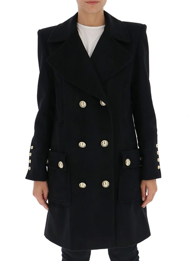 Shop Balmain Button Detail Double Breasted Coat In Black